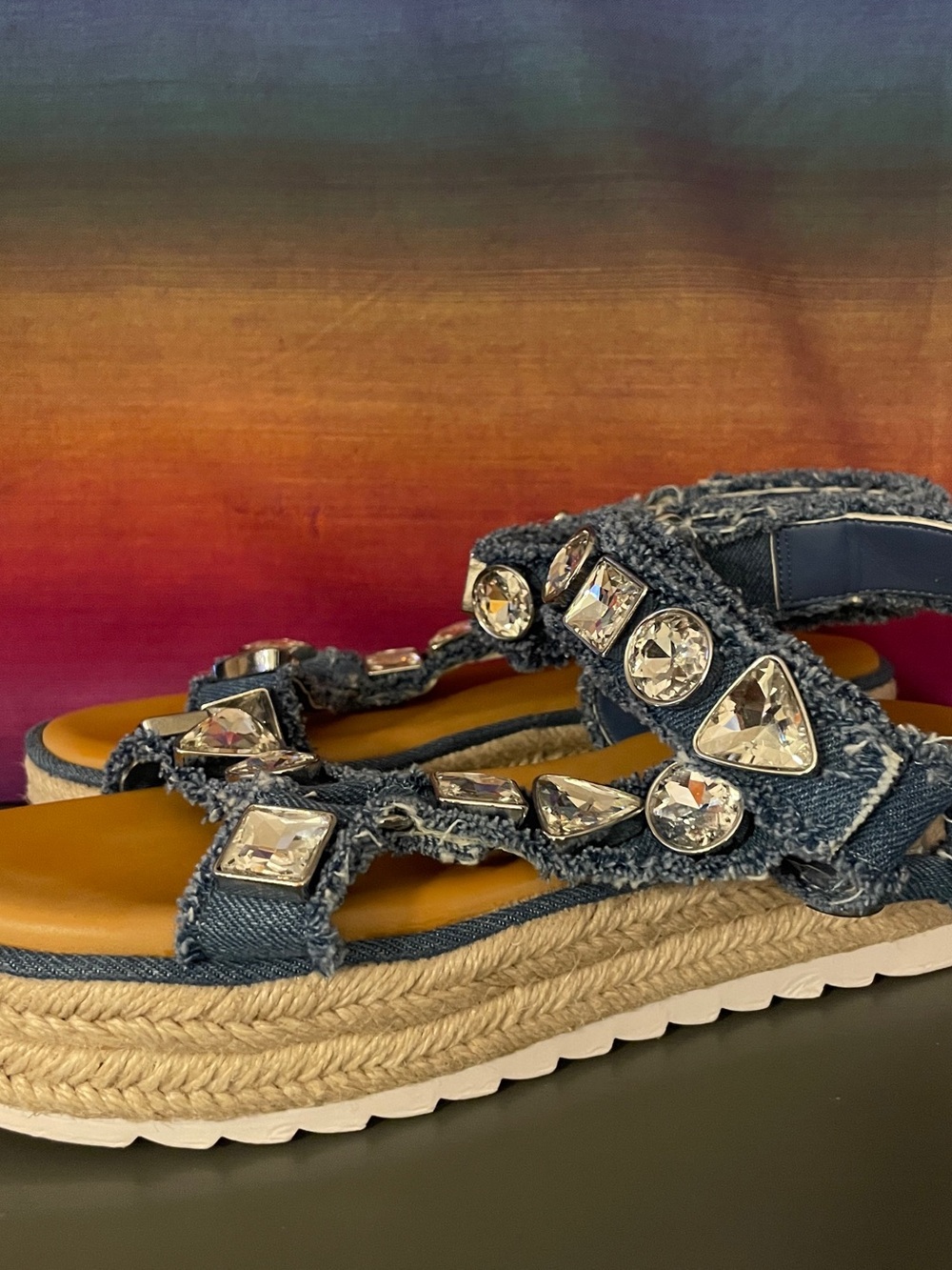 Gianni Bini Denim Platform Sandals with Crystal Accents